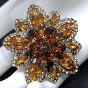 Vintage Floral Light Dark Topaz Rhinestones Brooch Pendant Combo, 1990s, 2 Inch